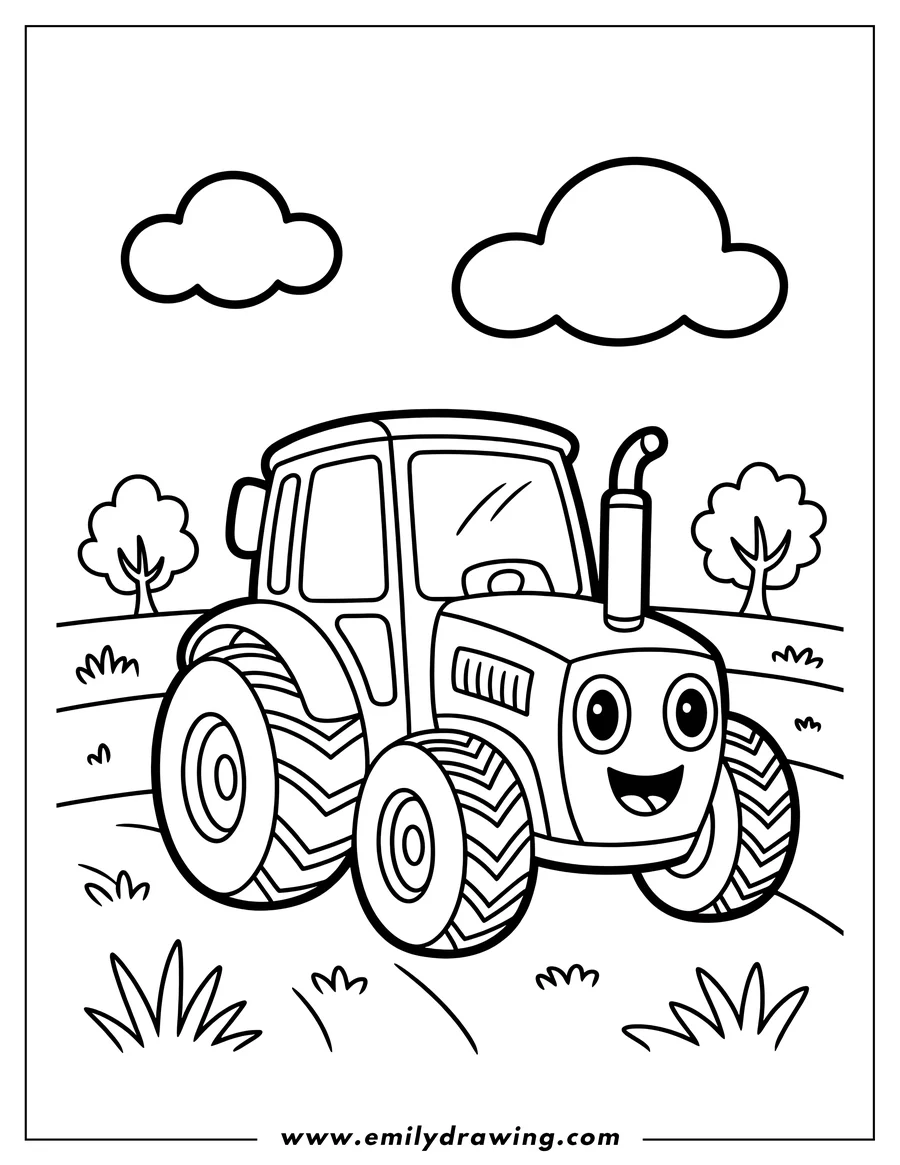 Outline of a smiling tractor driving through a field with trees and clouds in the background.