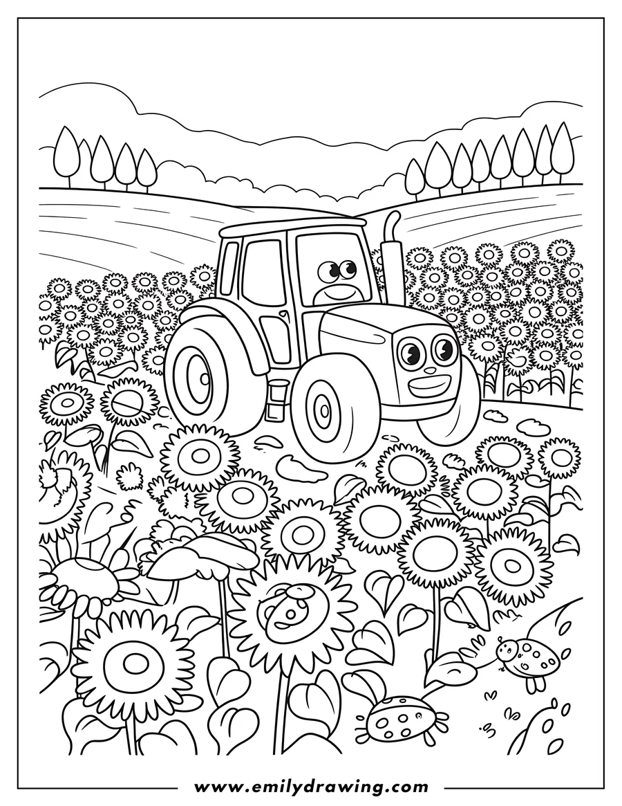 Line art of a cheerful tractor driving through a field of large sunflowers, with several ladybugs scattered among the flowers. Rolling hills and trees are visible in the background.