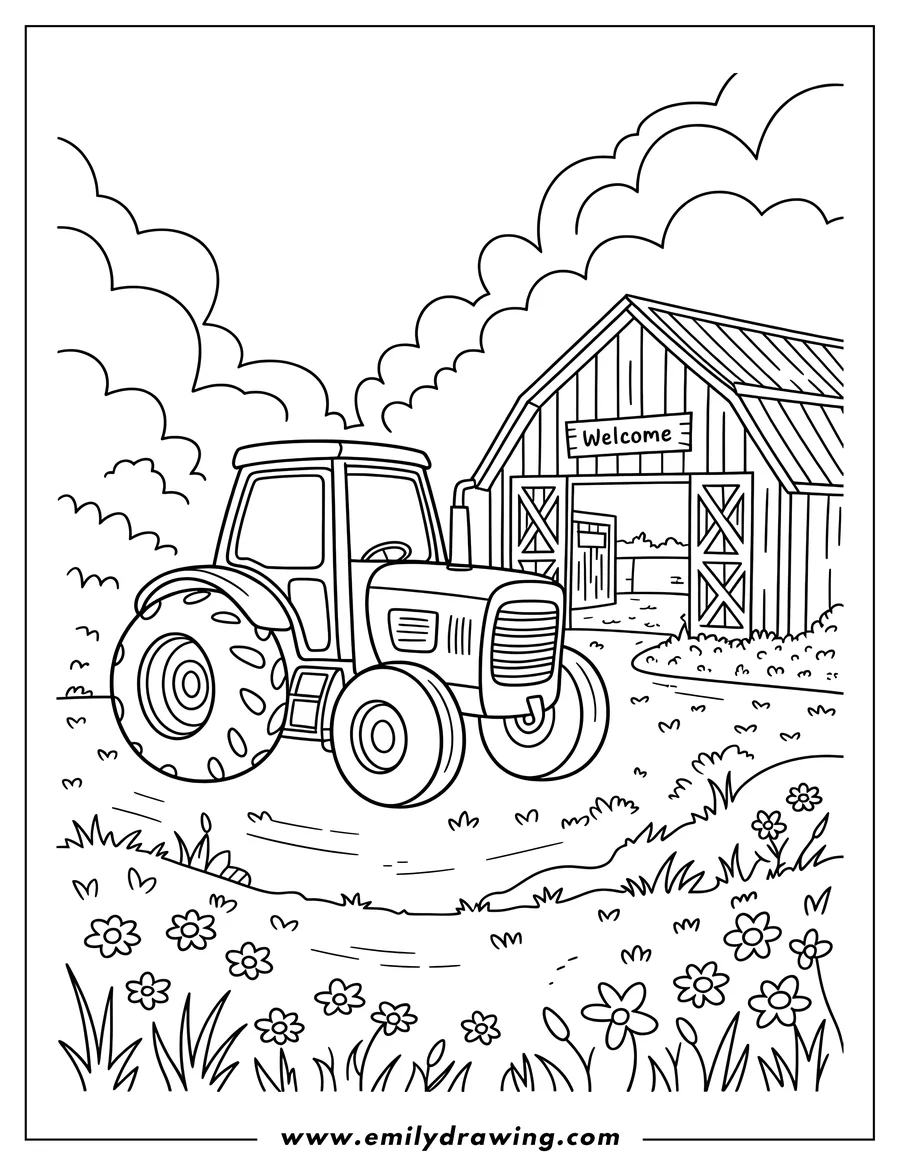 Outline of a tractor parked near a barn with a