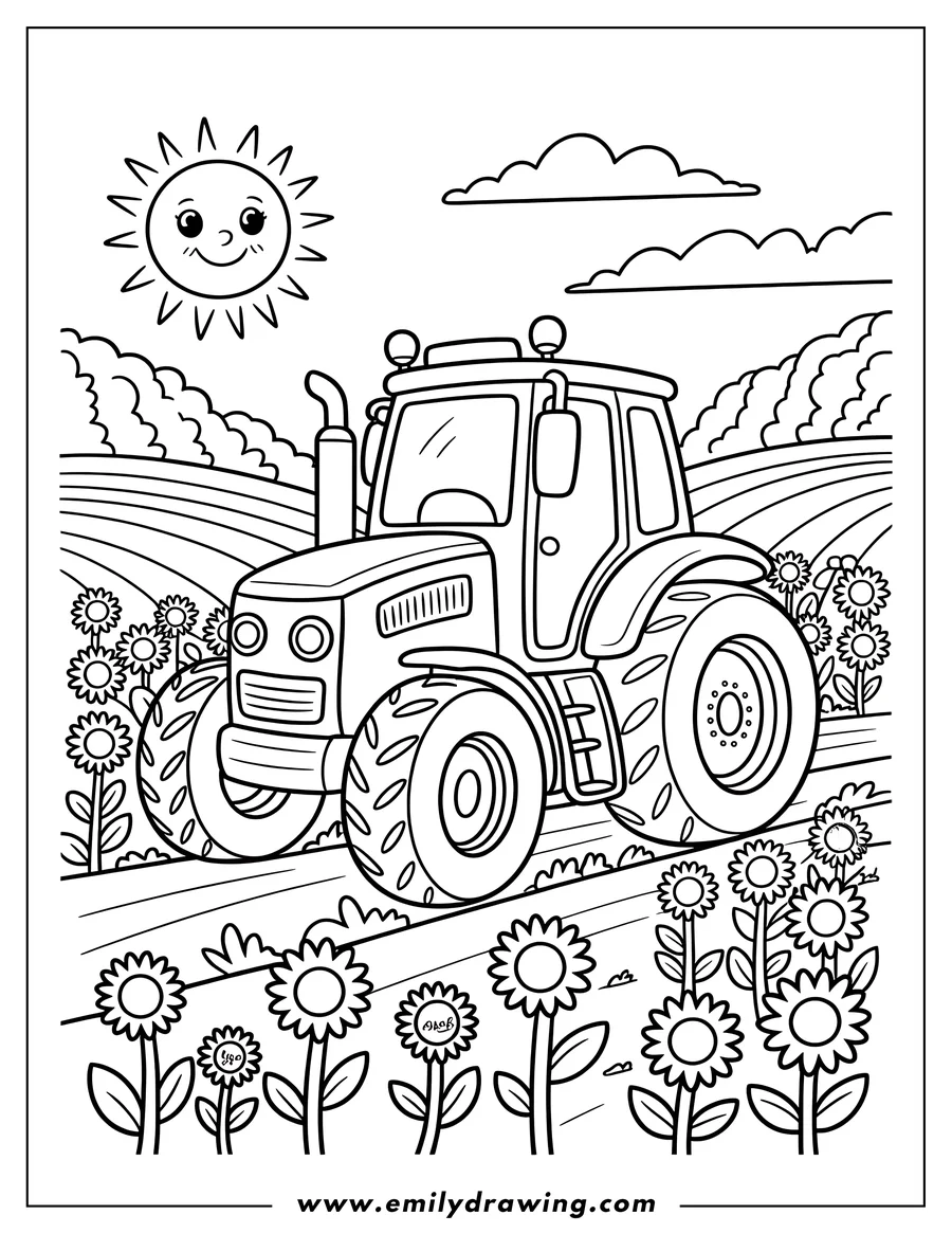 Outline of a tractor driving near a field of sunflowers. The sun is shining with a smiling face in the sky.