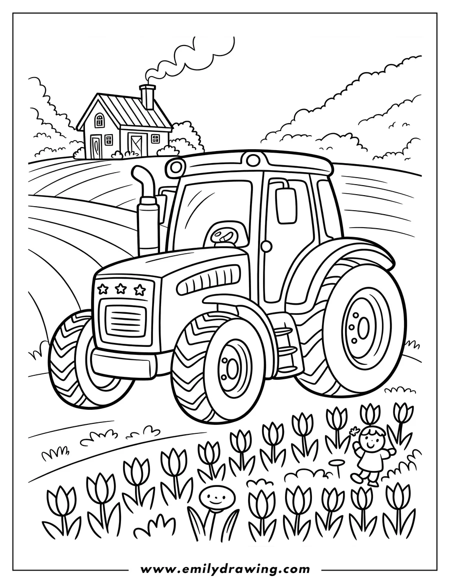 Outline of a tractor in a field near tulips and a farmhouse.