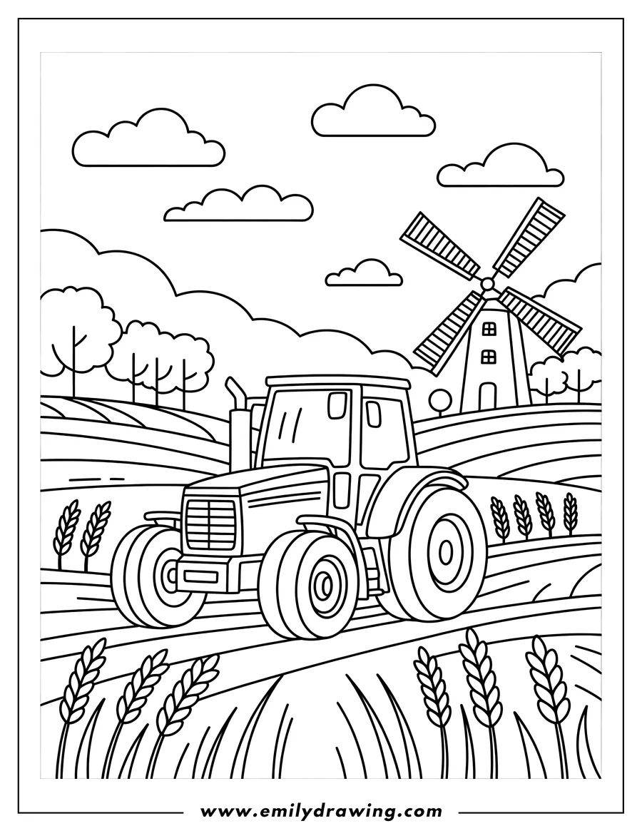 Outline of a tractor in a field with a windmill in the background.