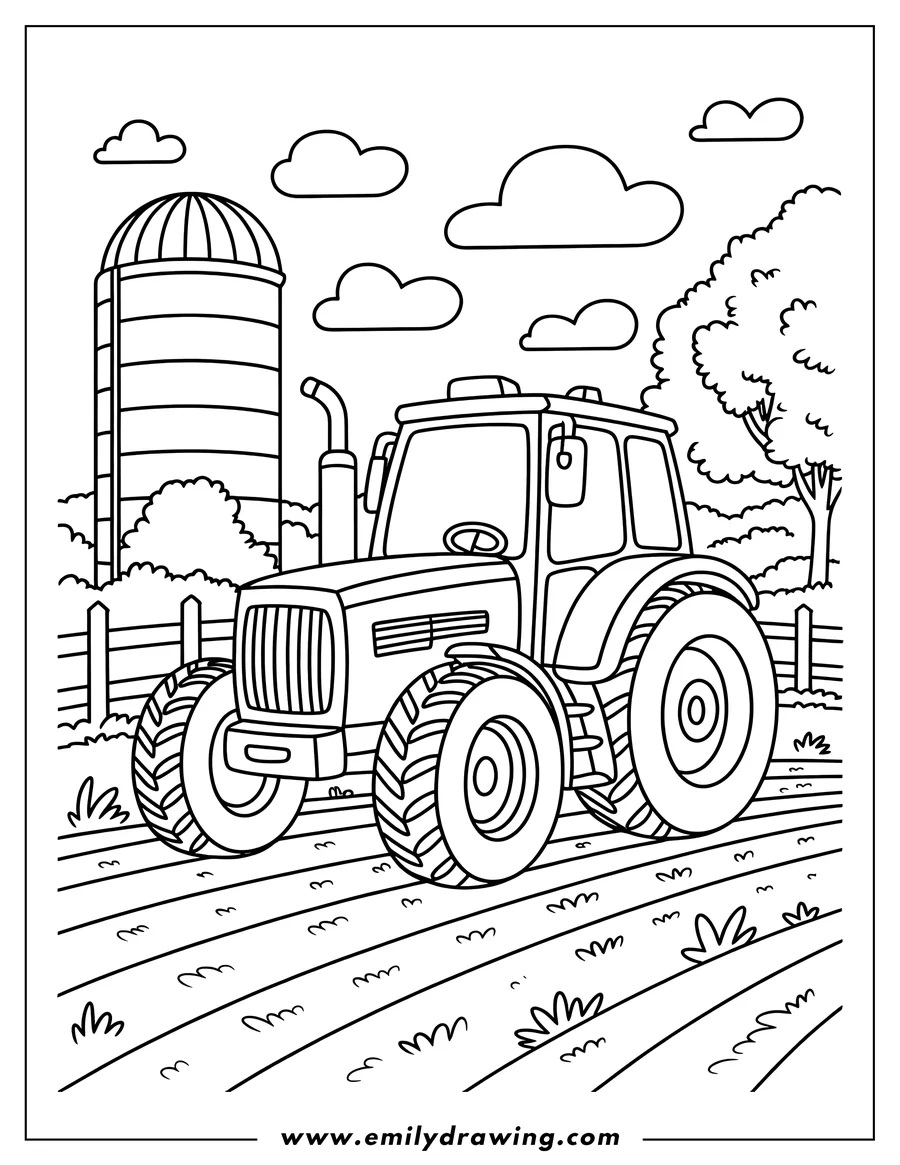 Line art of a tractor on a farm, with a silo, fence, tree, and plowed fields.