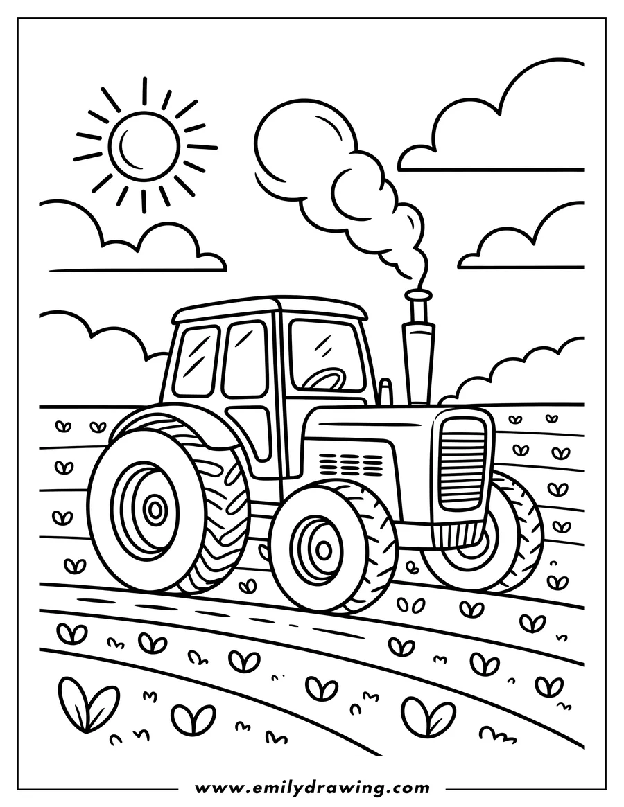 Outline of a tractor plowing a field under a sunny sky. Small sprouts are visible in the rows.