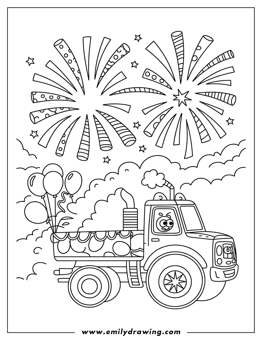 Line art of a tractor carrying balloons, driving beneath fireworks, with smoke puffing from its exhaust pipe.