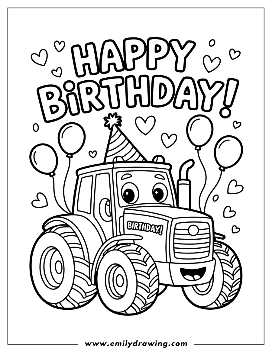 Outline of a cheerful tractor wearing a party hat and holding balloons. Happy Birthday is written above it, surrounded by floating hearts.