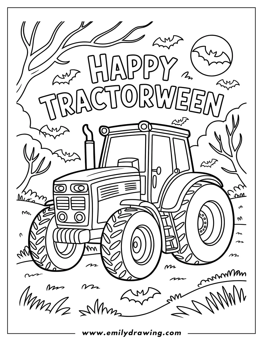 Outline of a tractor in a field with bats flying around it and a full moon in the background.