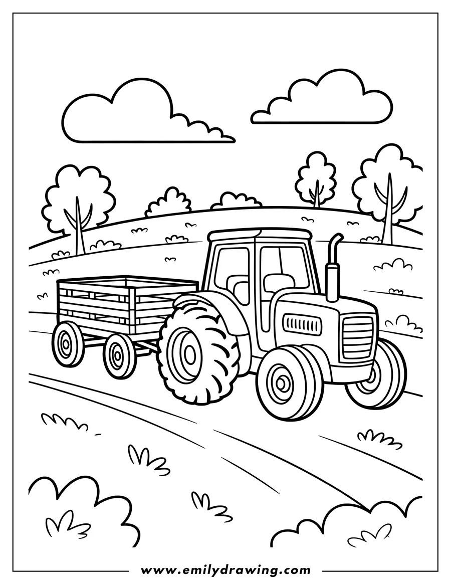 Outline of a tractor pulling a cart in a field with trees and clouds in the background.