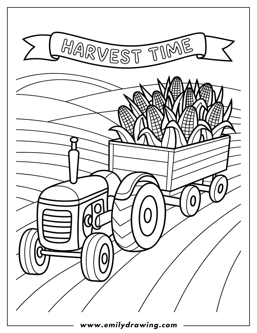 Outline of a tractor pulling a wagon filled with corn on a farm during harvest time.