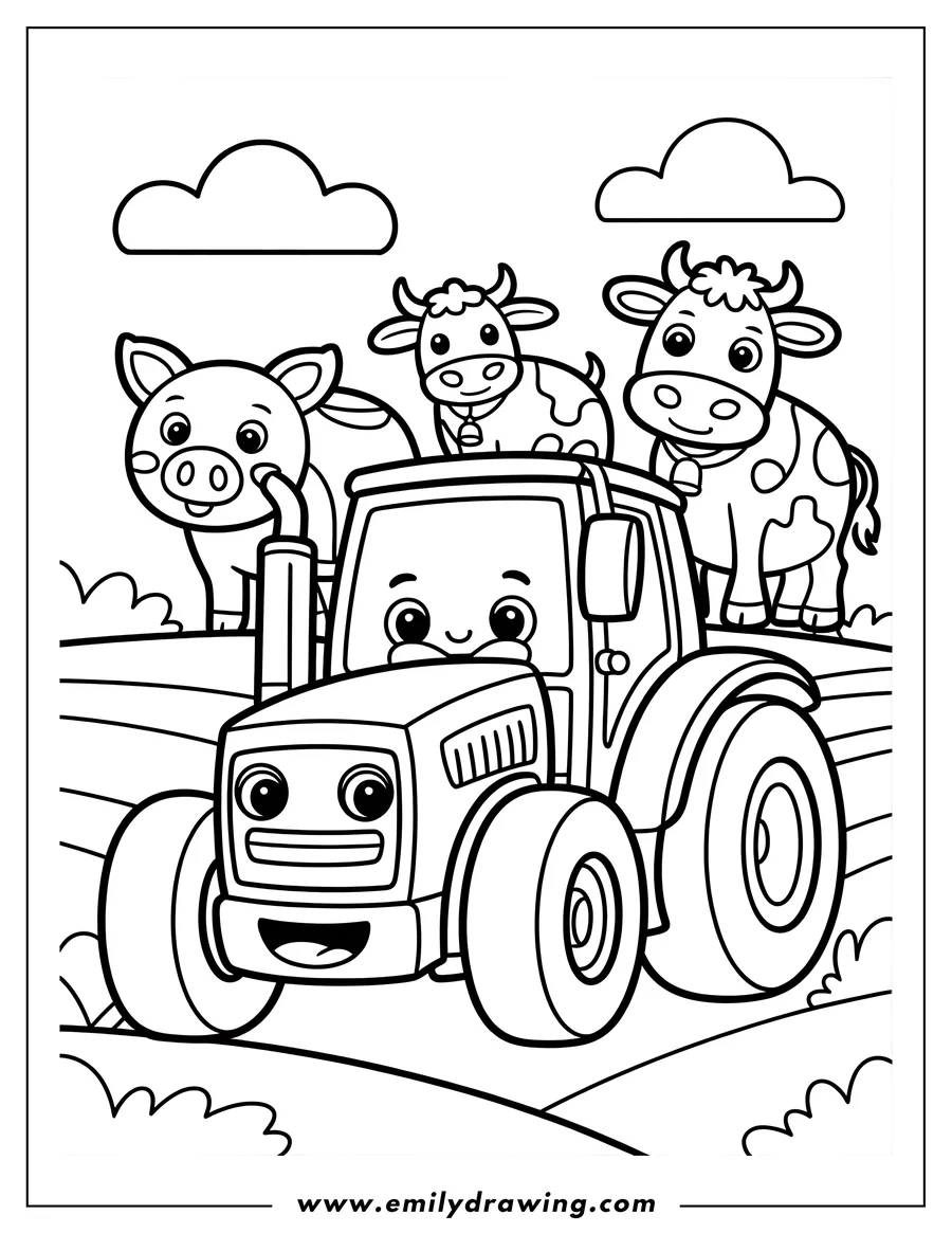 Outline of a cheerful tractor carrying two cows and a pig on a farm.