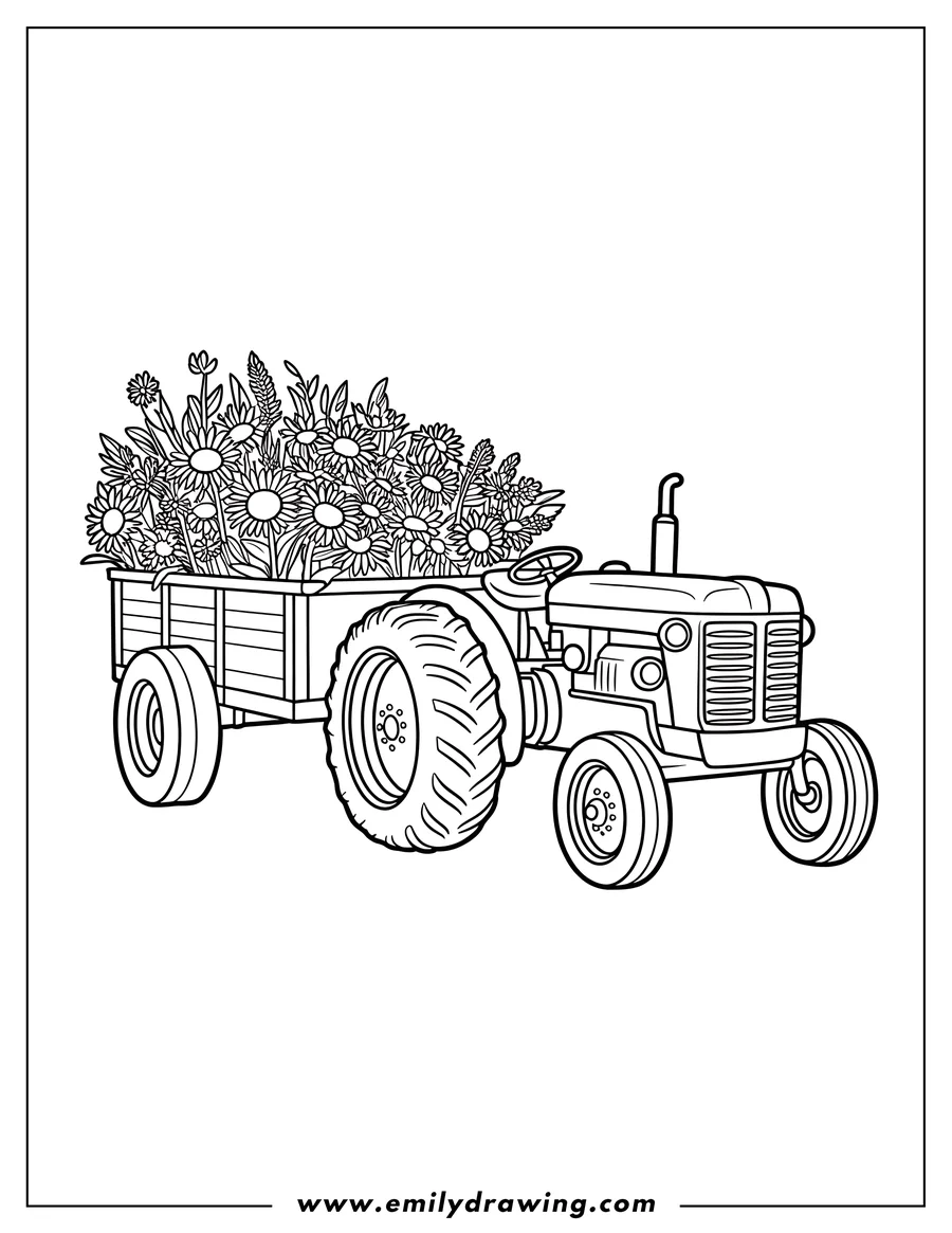 Line art of a tractor pulling a wagon full of various flowers, including sunflowers and daisies.