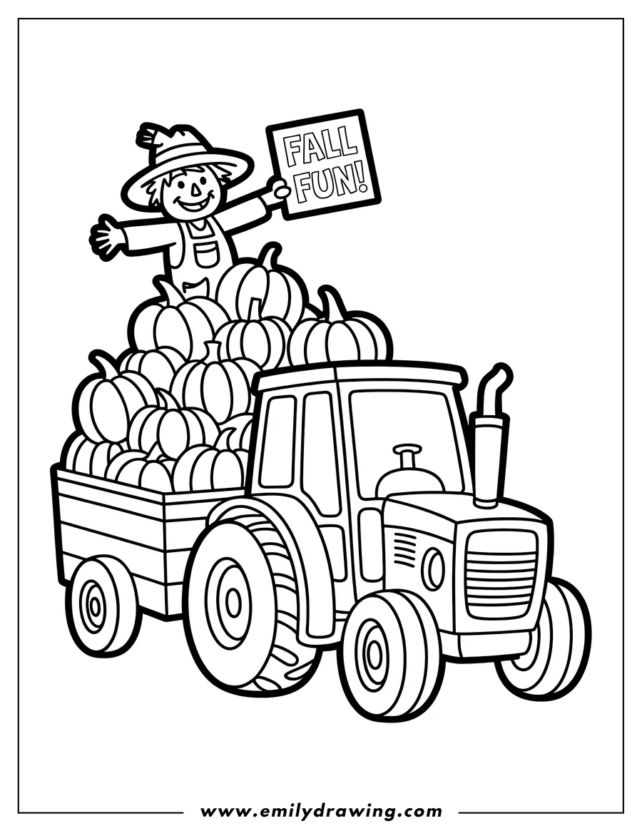 Outline of a tractor pulling a trailer full of pumpkins, with a scarecrow sitting on top holding a 'Fall Fun' sign.