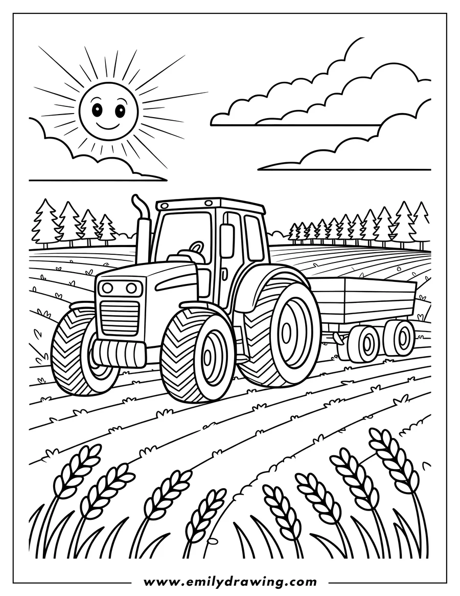 Line art of a tractor pulling a trailer in a sunny field.  Wheat grows at the bottom and trees line the background.
