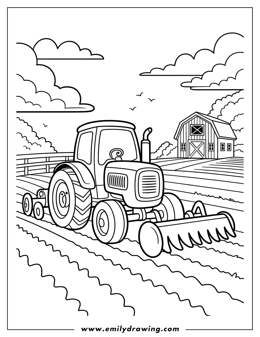 Outline of a tractor working on a farm with a barn in the background.