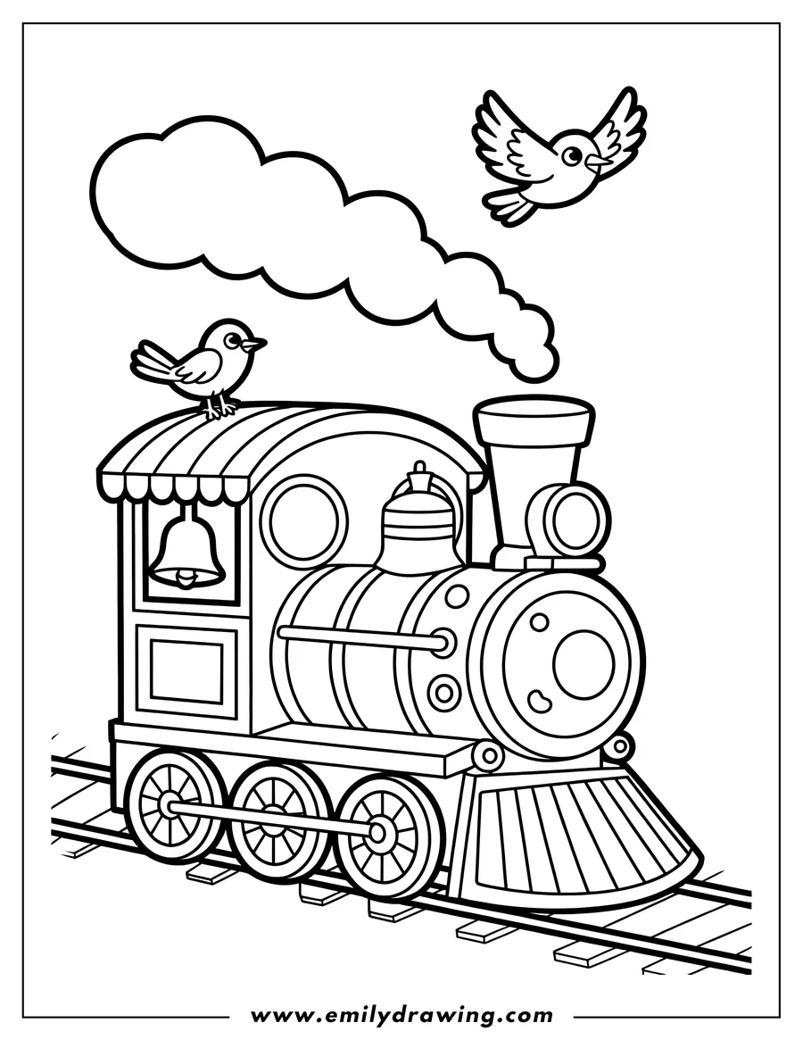 Outline of a train with two birds, one perched on the train and one flying above.