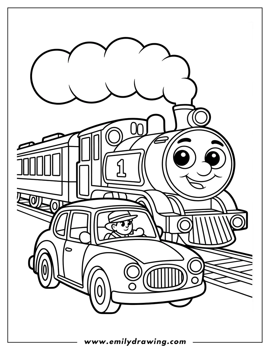 Outline of a smiling train and a car with a person inside.