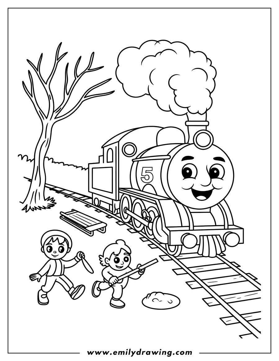 Line art of a smiling train on railroad tracks with two children playing nearby.