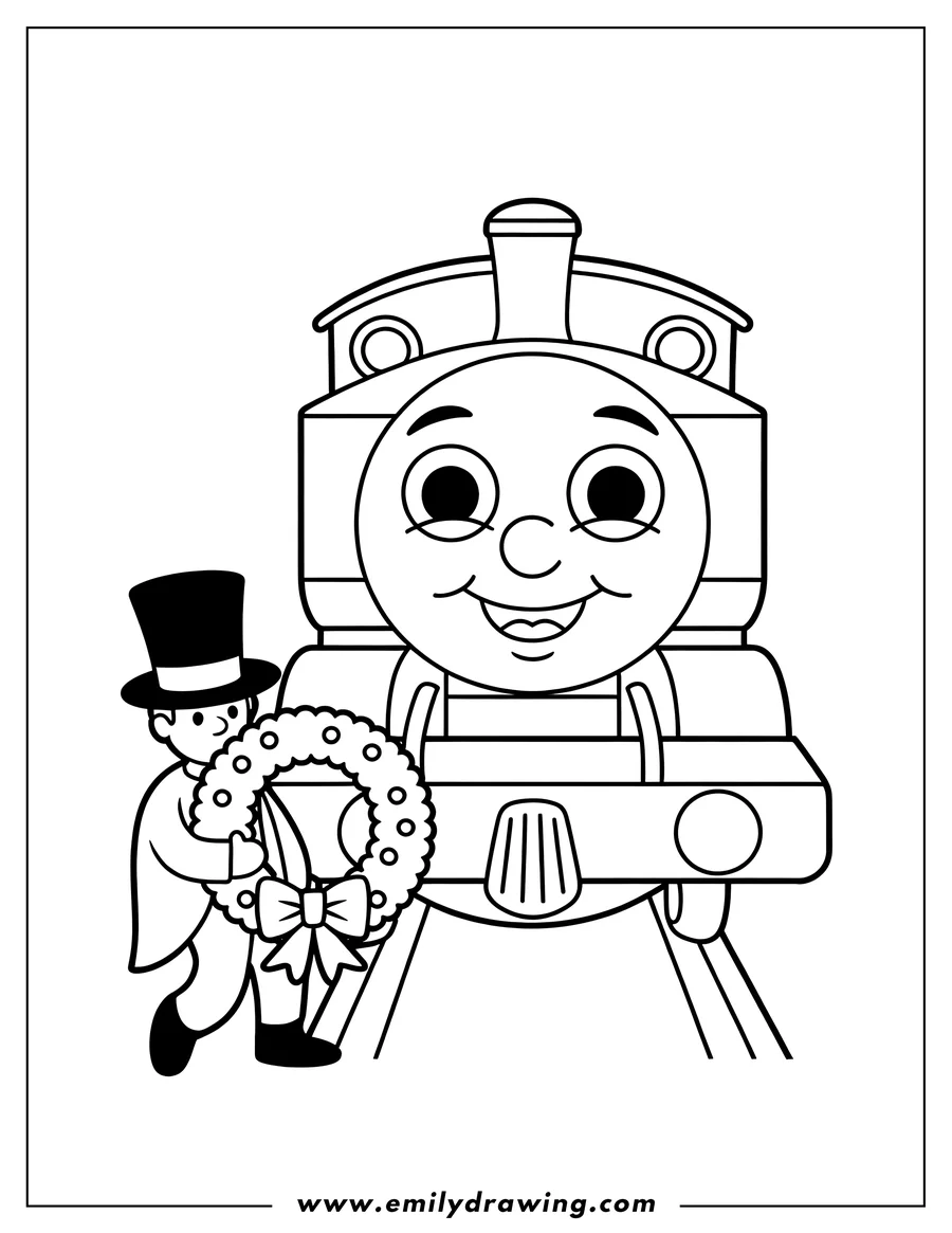 Outline of a train with a friendly face and a conductor holding a decorated wreath