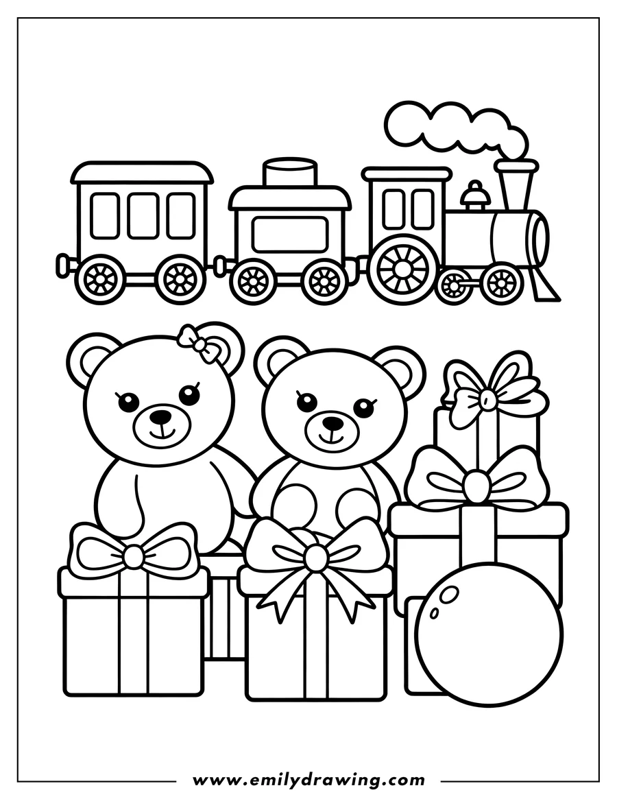 Outline of a train with two carriages and an engine, followed by two teddy bears sitting on presents. One bear has a bow on its head.