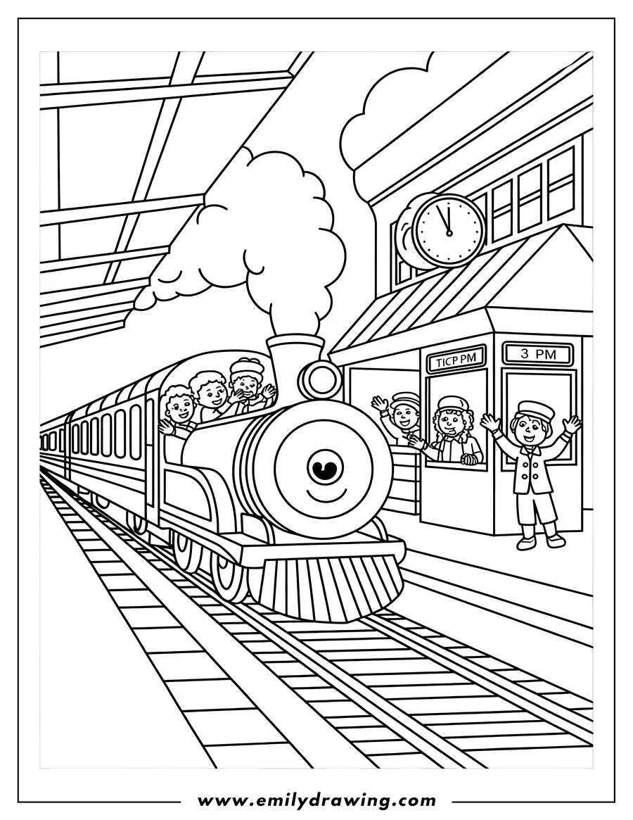 Outline of a train arriving at a station with passengers waving from both the train and the platform. A clock on the station building shows the time.