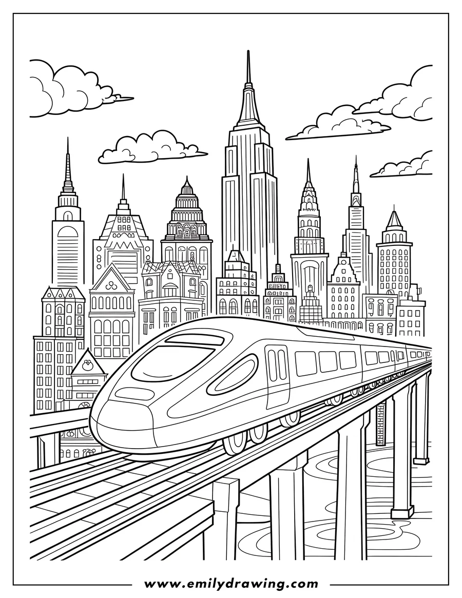 Outline of a train speeding through a city with tall buildings and fluffy clouds.