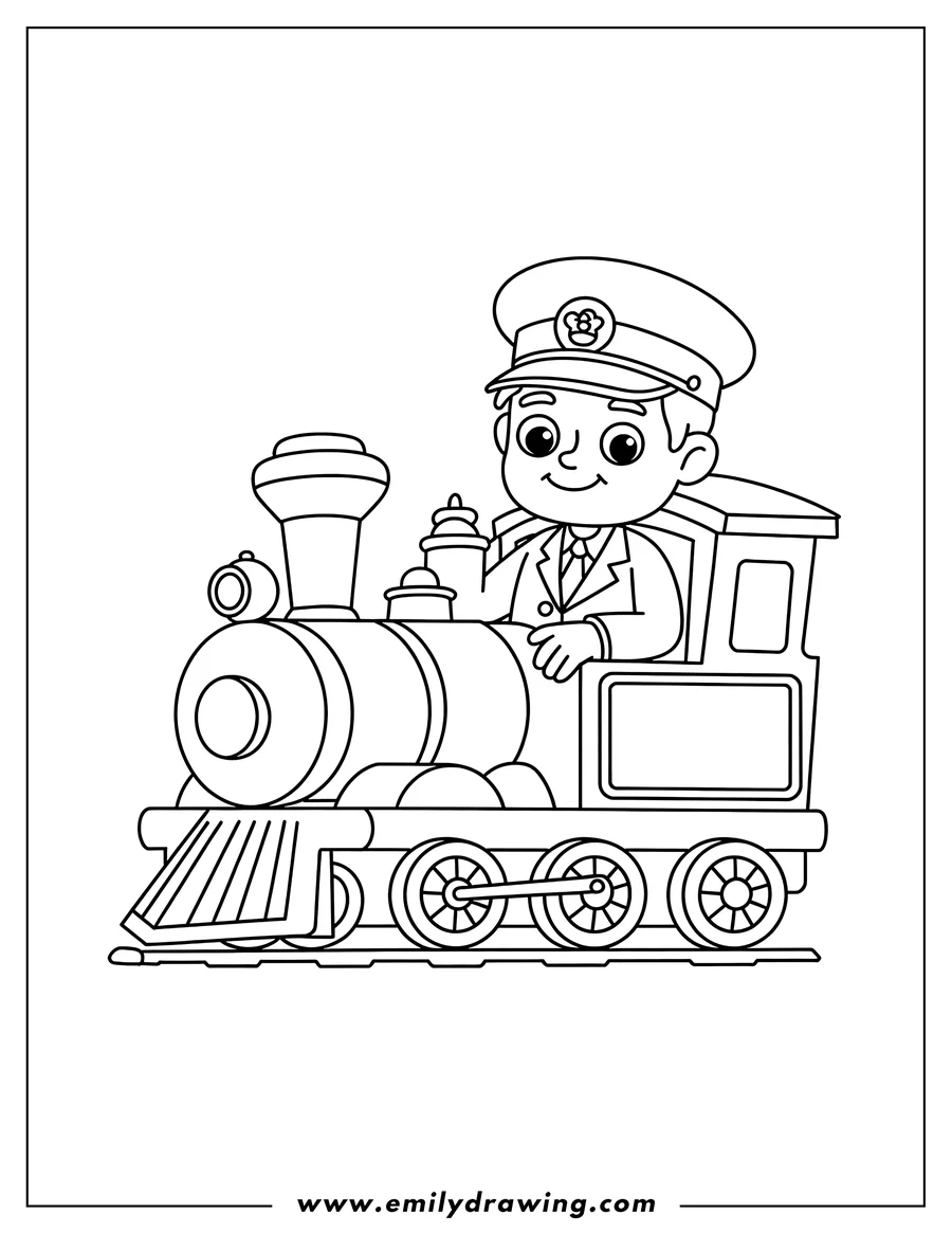 Line art of a train conductor driving a steam train.
