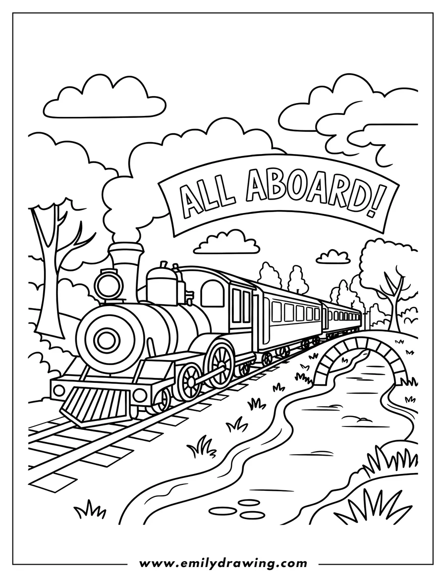 Outline of a steam train crossing a small bridge over a stream.