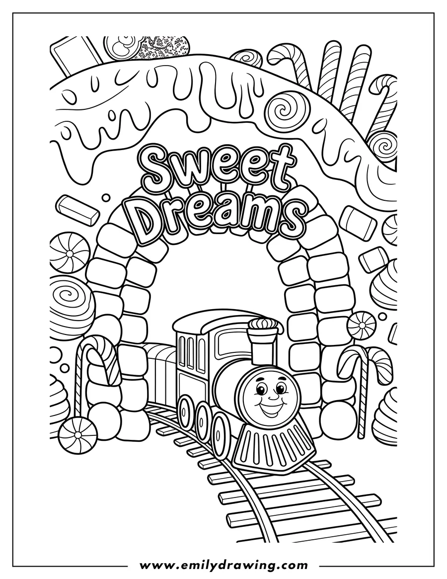 Line art of a cheerful train traveling through a candy-themed landscape. The train is passing under a tunnel decorated with the words 'Sweet Dreams.' Various sweets like lollipops, candy canes, and other treats surround the scene.