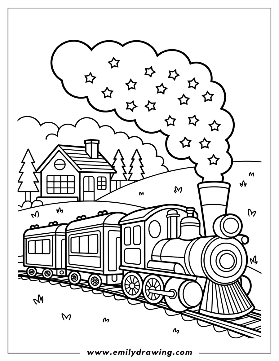 Line art of a train puffing steam with stars and pulling two passenger cars away from a small station, near a house with trees.