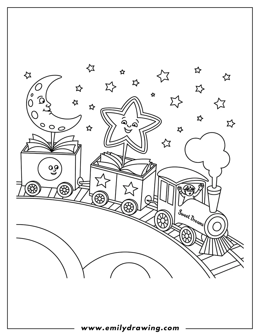 Line art of a train carrying a smiling crescent moon and a smiling star in its cargo cars. A child is waving from the engine, which has