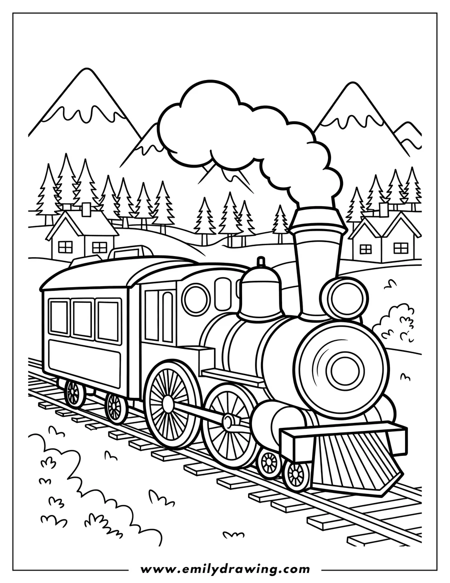 Outline of a train traveling through a mountain village, passing houses and trees with snowy peaks in the background.