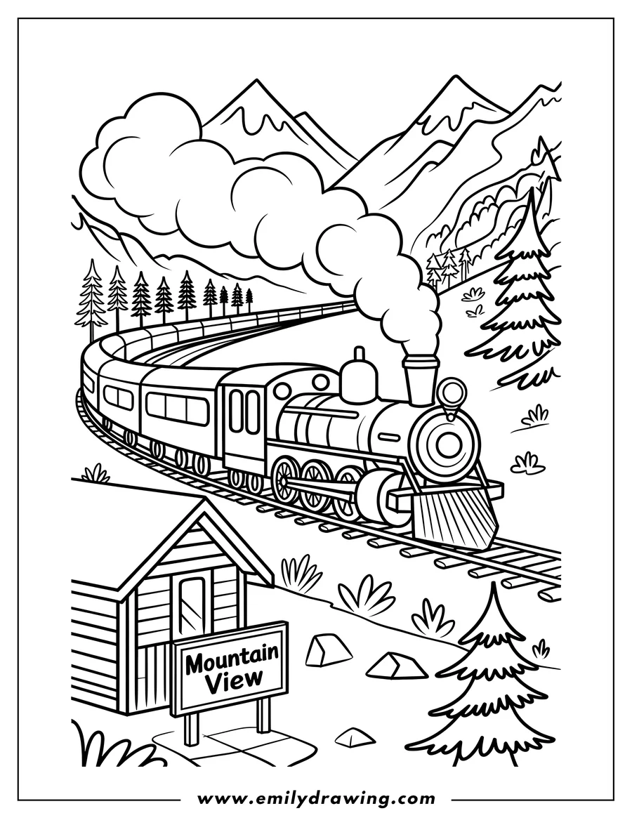 Outline of a train approaching the Mountain View Station, with a backdrop of mountains and pine trees.