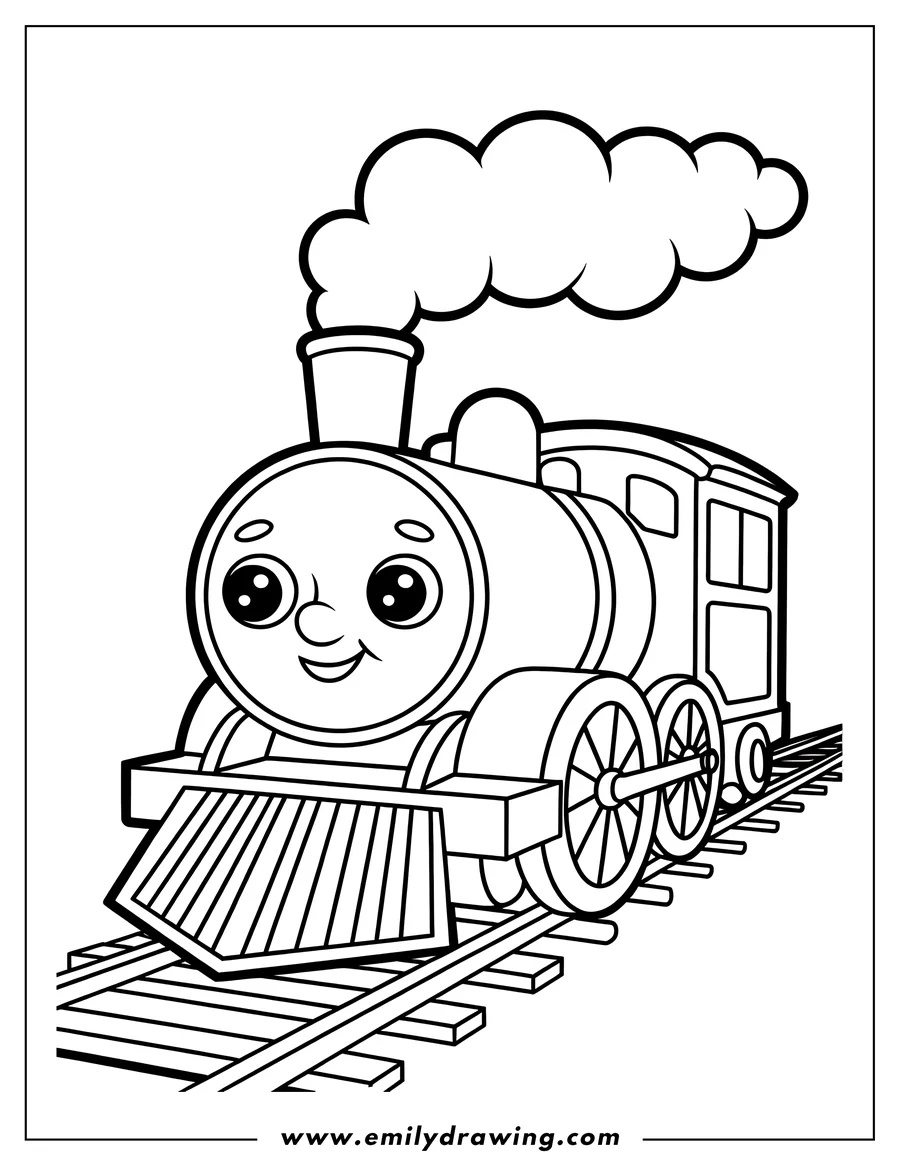 Line art of a friendly cartoon train with a smiling face, traveling on railroad tracks with smoke puffing from its smokestack.