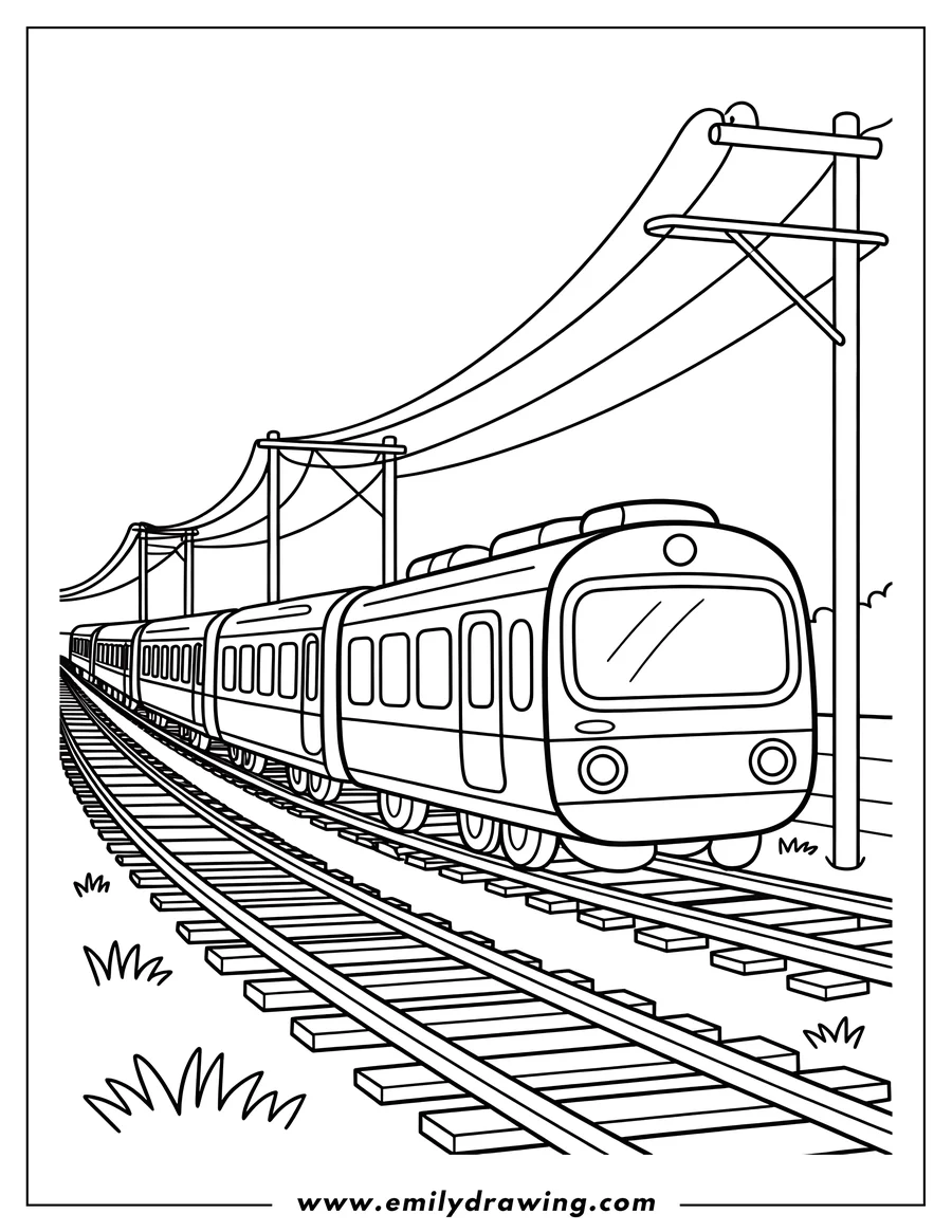 Line art of a train traveling on a railway track.  Telephone poles line the route.