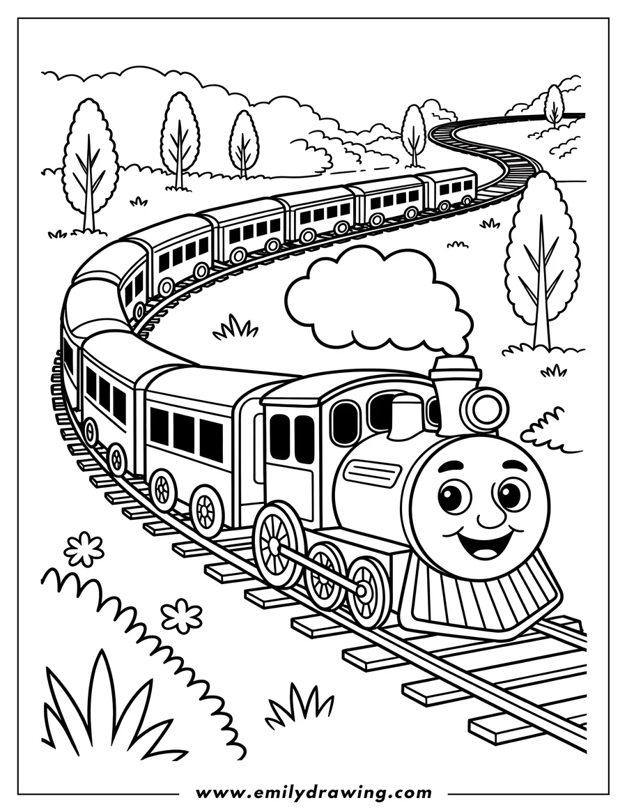 Line art of a cheerful train traveling on railway tracks through a simple landscape.
