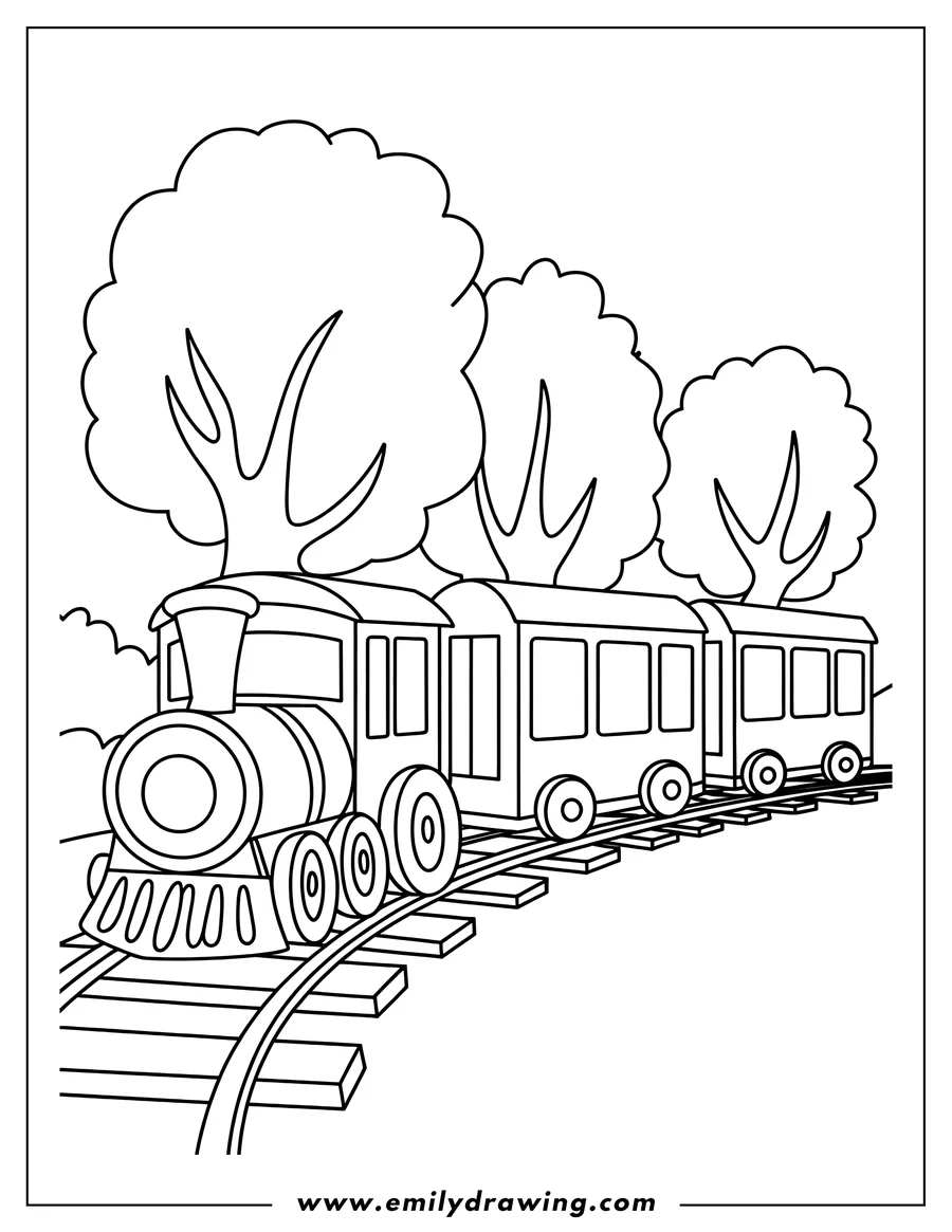 Line art of a train with an engine and passenger cars traveling on a track.  Trees are in the background.