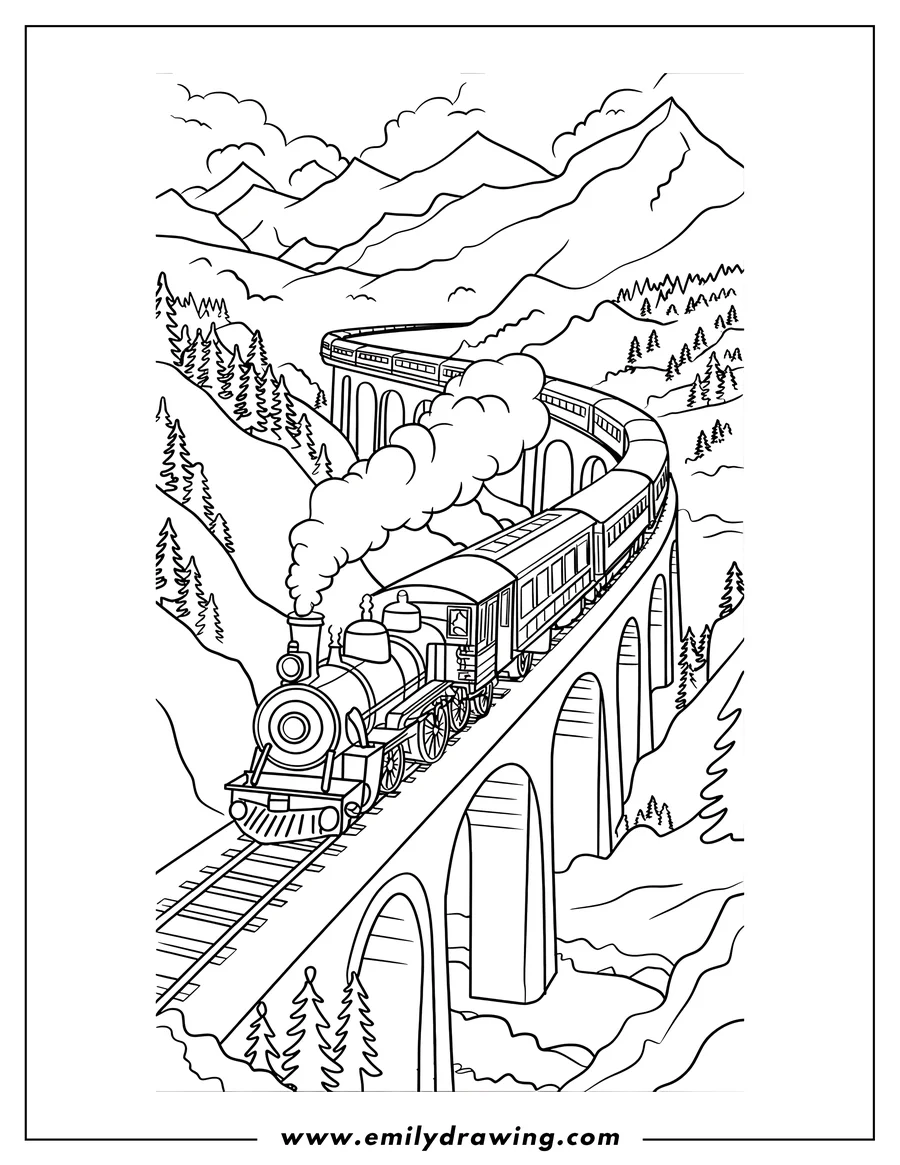 Line art of a steam train crossing a high trestle bridge in a mountain landscape. The train is puffing smoke, suggesting it's in motion.