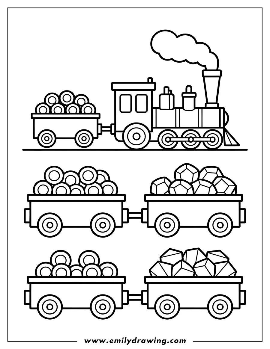 Outline of a train with multiple freight cars carrying different types of cargo, including logs and crystals.
