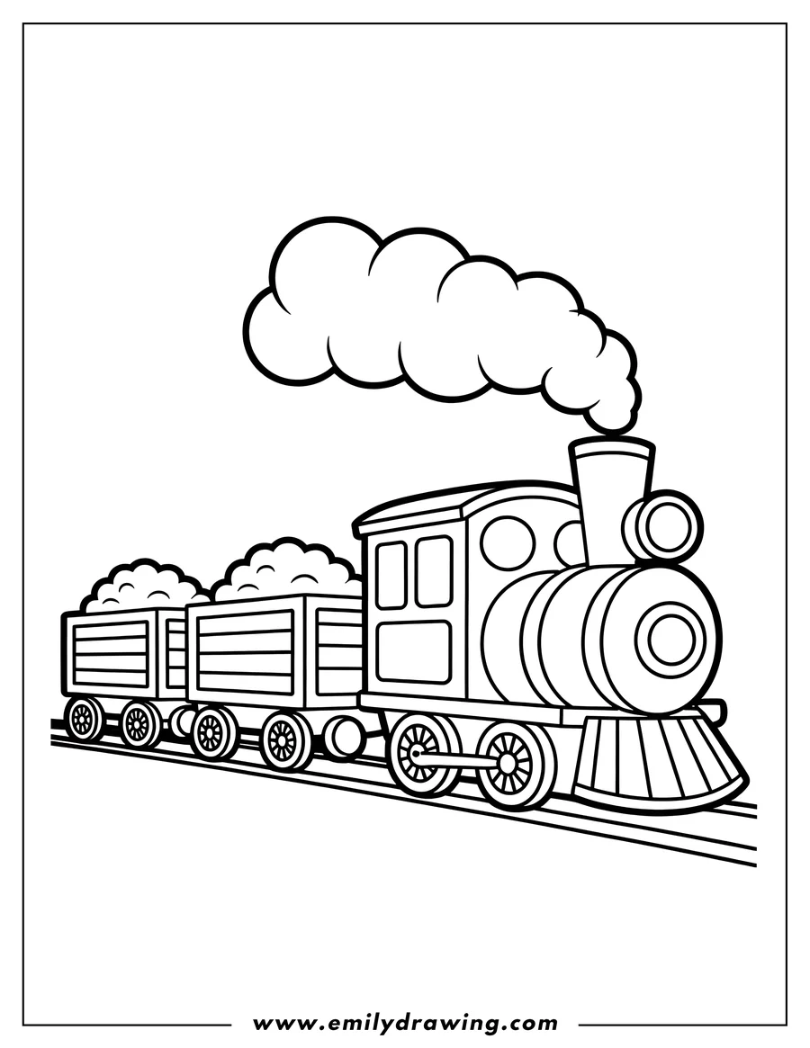 Line art of a steam train pulling two cargo cars. The train is puffing smoke from its smokestack. The cargo cars appear full.