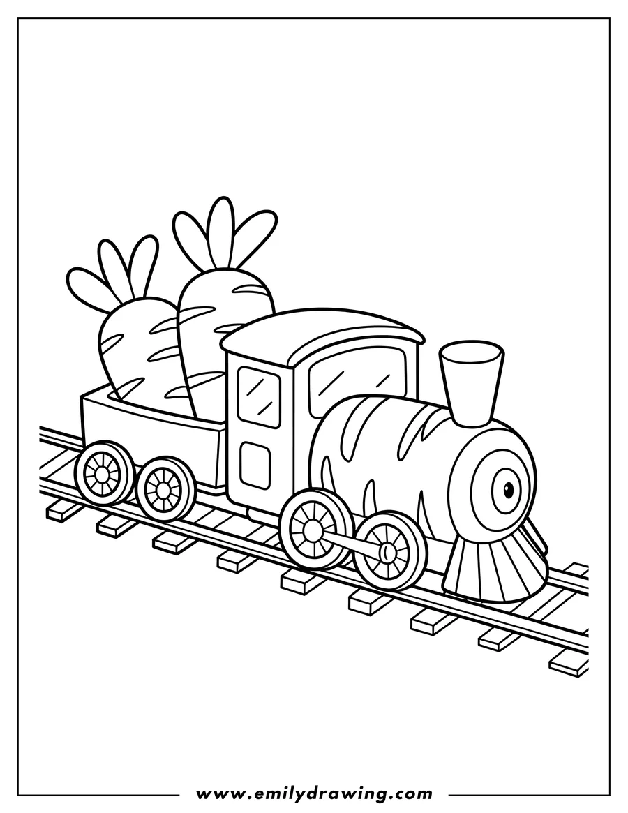 Outline of a train carrying carrots in its first car.