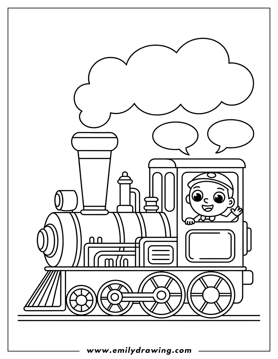 Line art of a train with an engineer waving from the window. Steam billows from the engine's smokestack.