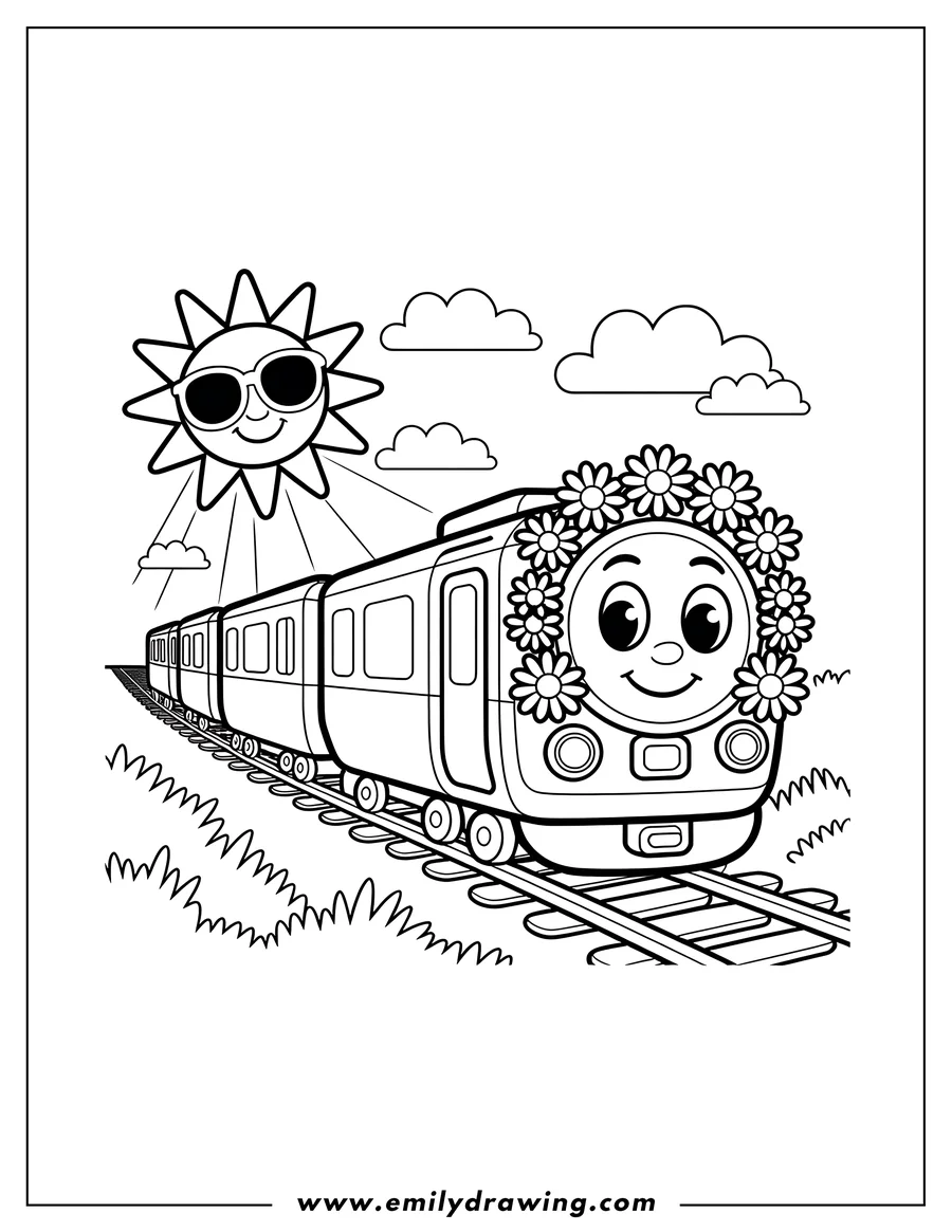 Line art of a cheerful train with a flower crown, traveling on railway tracks under a smiling sun with sunglasses.