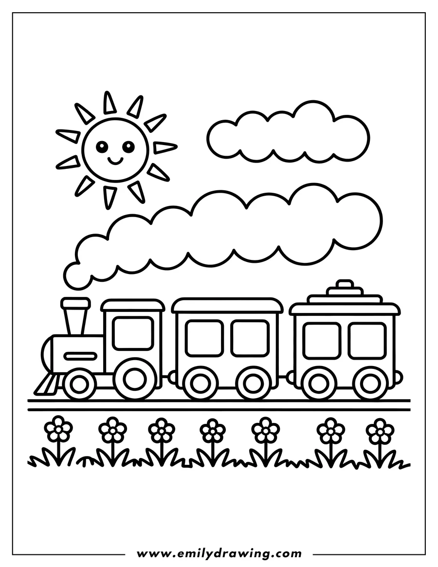 Line art of a train with two carriages traveling on tracks with flowers and grass along the bottom, a smiling sun, and clouds in the sky.