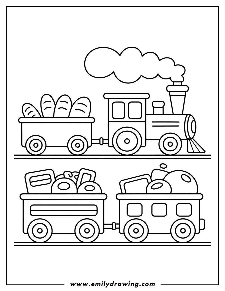 Line art of a train with three freight cars. The first car behind the engine carries loaves of bread, while the other two cars are loaded with various packages.