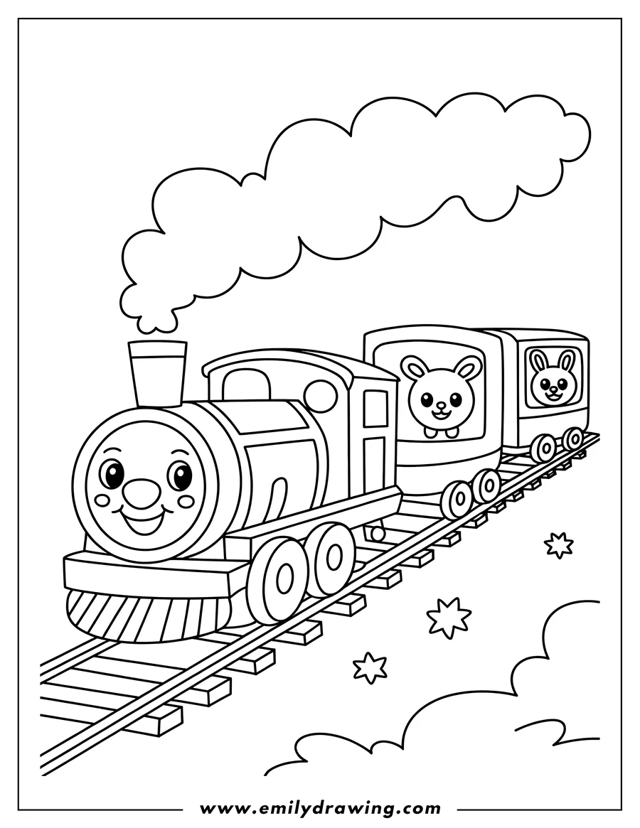 Line art of a smiling train with two rabbit passengers in the carriages, traveling on a track.