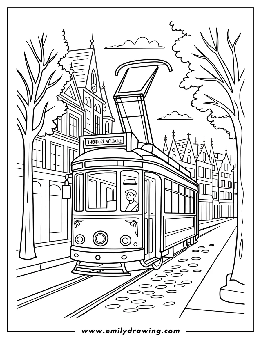 Outline of a tram on a city street with houses on the sides