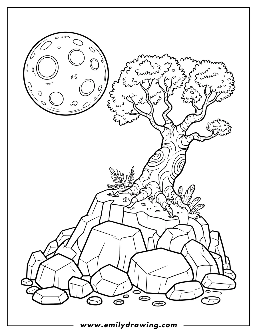 Line art of a whimsical tree growing on a pile of rocks with a large, cratered moon in the background.