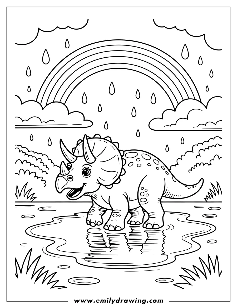 Line art of a triceratops standing in a rain puddle, with a rainbow in the background.