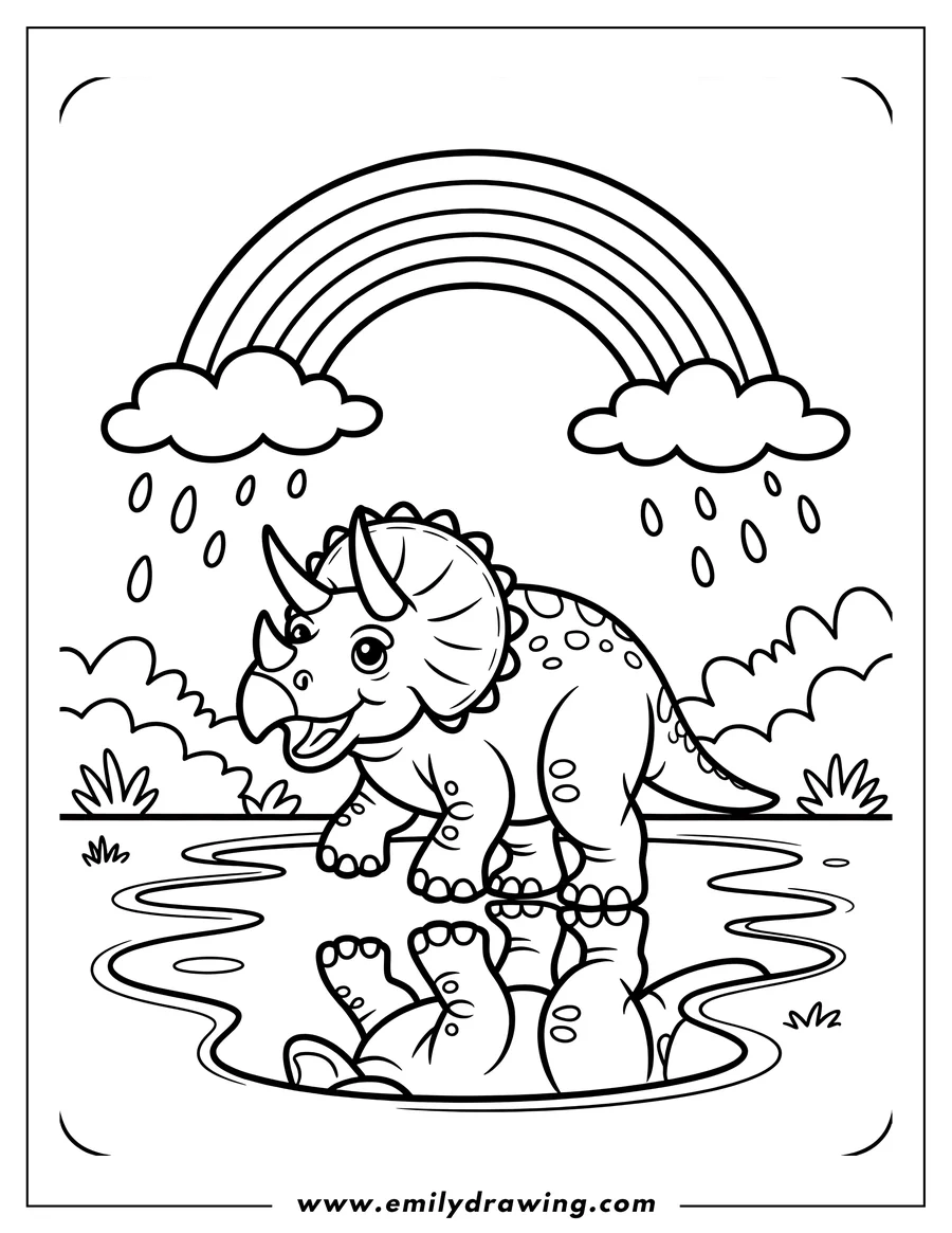 Line art of a triceratops playing in rain puddles with a rainbow in the sky.