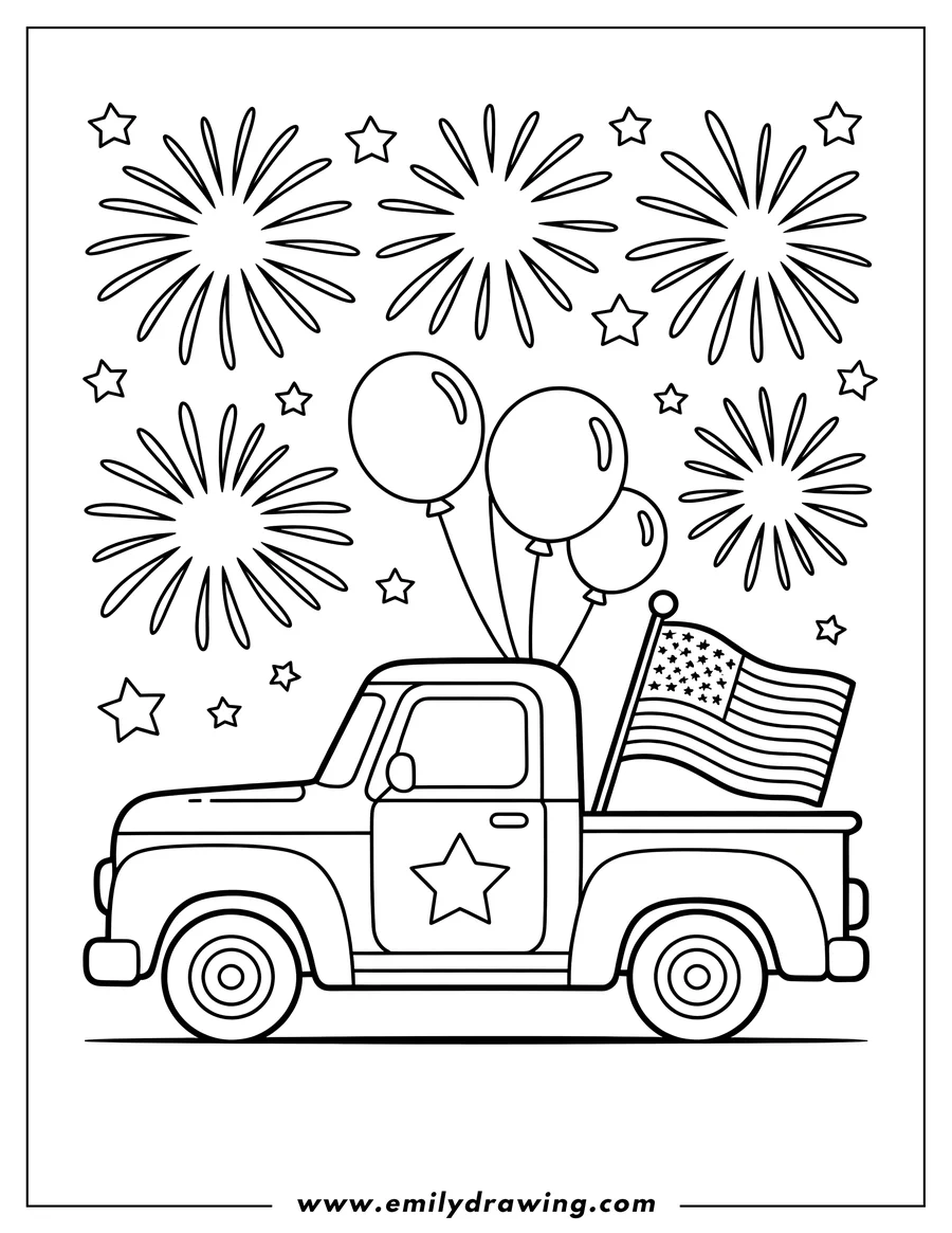 Outline of a truck carrying balloons and an American flag, with fireworks and stars in the background.